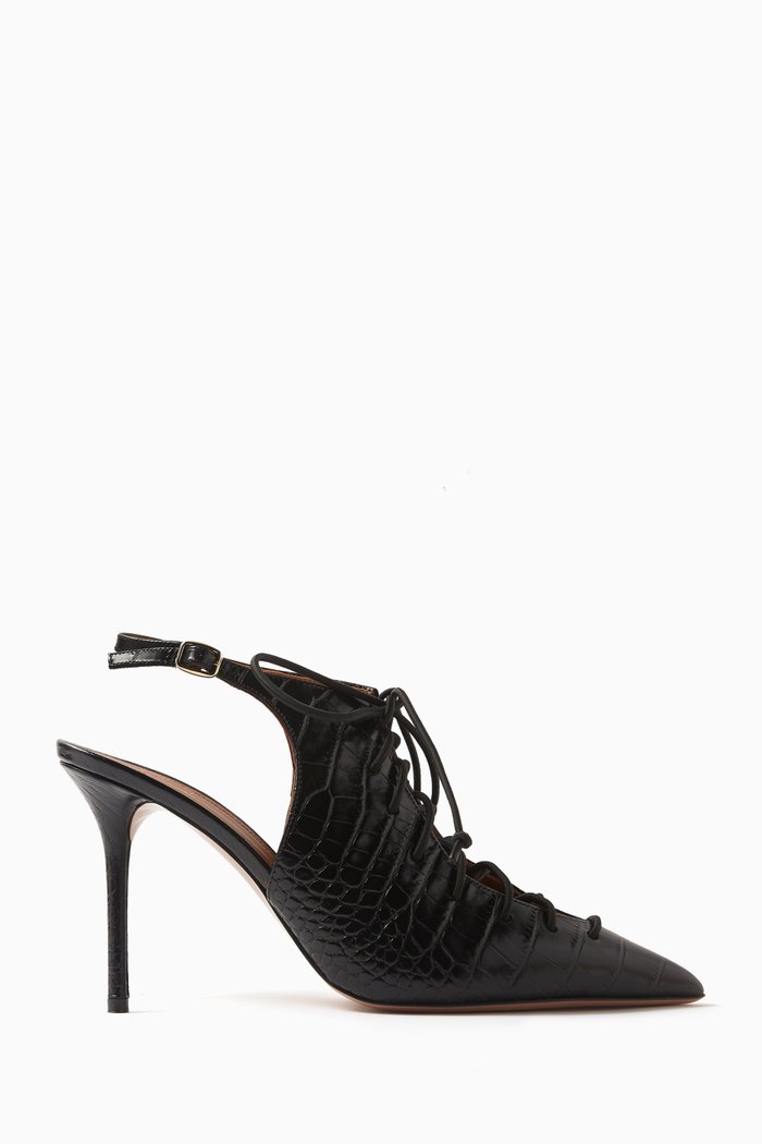 Alessandra 85 Slingback Pumps in Croc-embossed Leather, Black