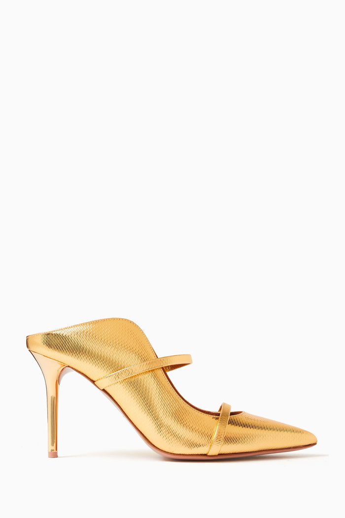 Maureen 85 Mules in Metallic Embossed Leather, Gold