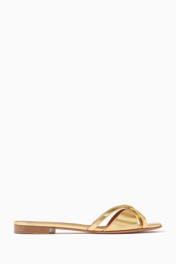 

Penn 10 Flat Slides in Textured Metallic Leather, Gold