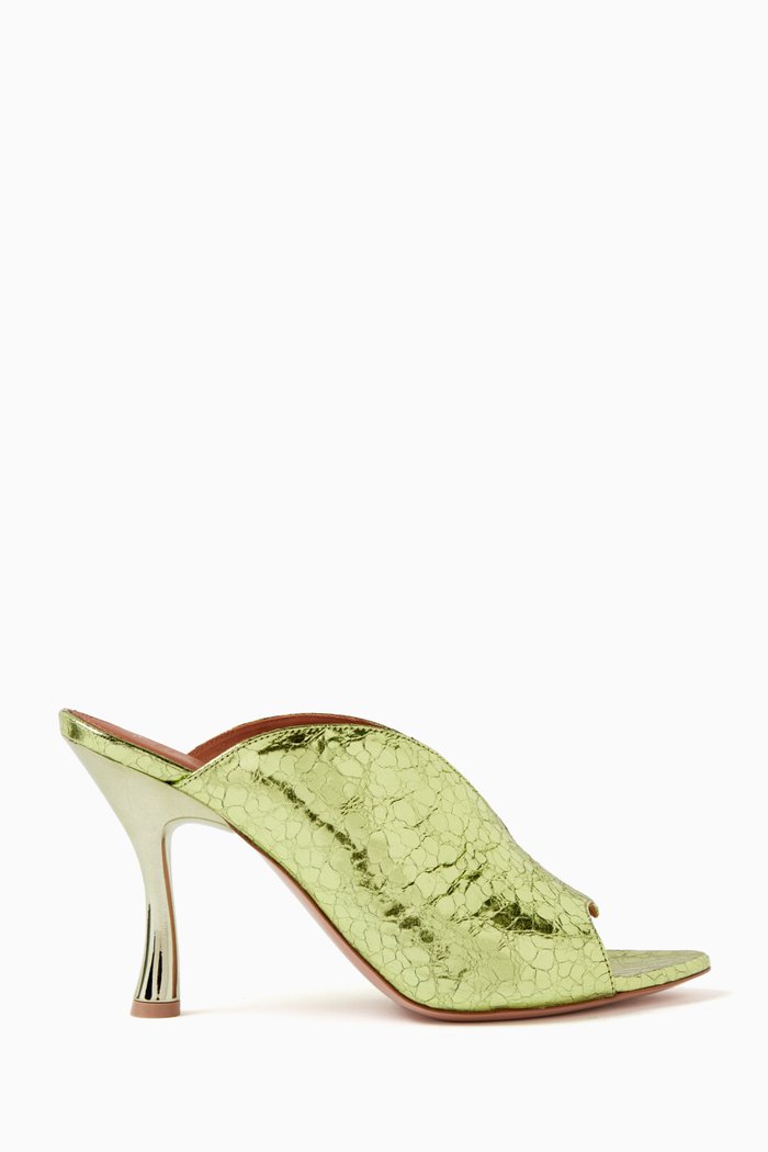 

Henri 90 Mule Sandals in Cracked Mirror Leather, Green
