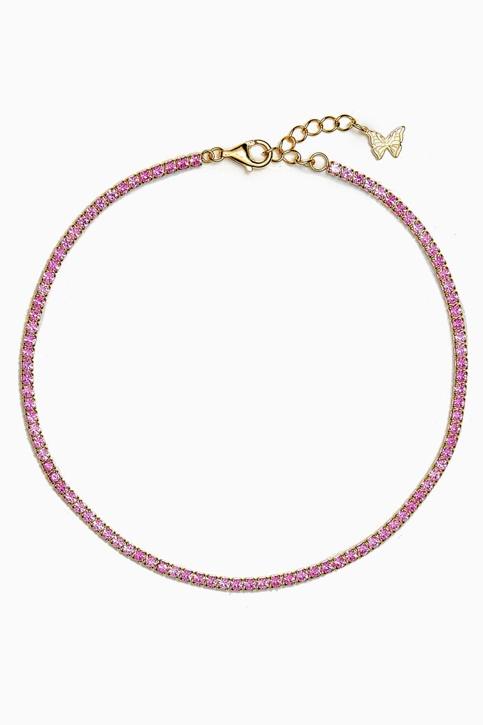 Thin Tennis Anklet in 14kt Gold-plated Sterling Silver, Pink