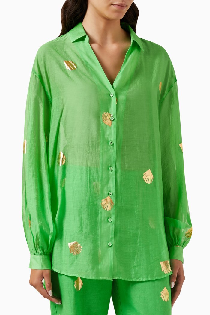 

Sheer Shell-print Oversized Shirt in Lyocell-blend, Green