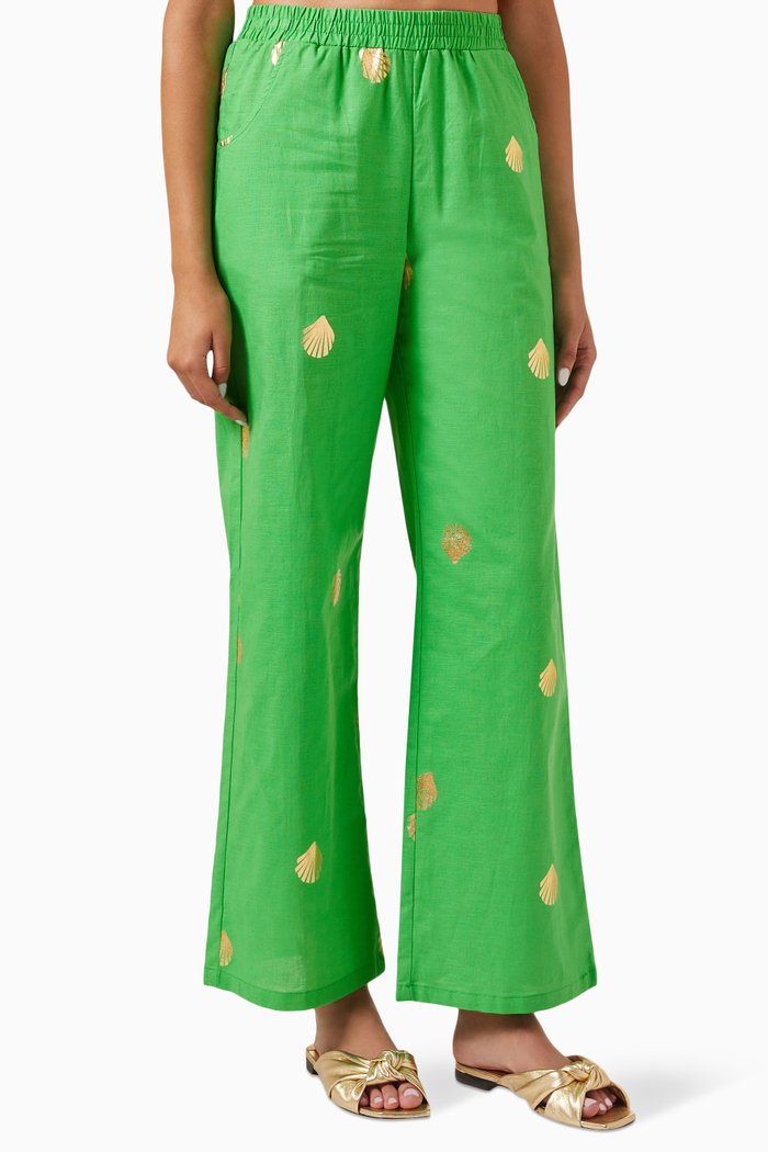 Shell-print Elissa Pants in Linen-blend, Green