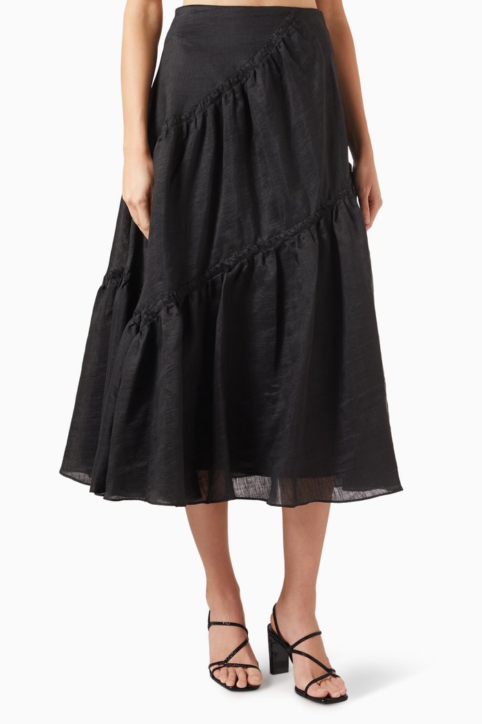 

Christina Ruffle Maxi Skirt in Linen, Black