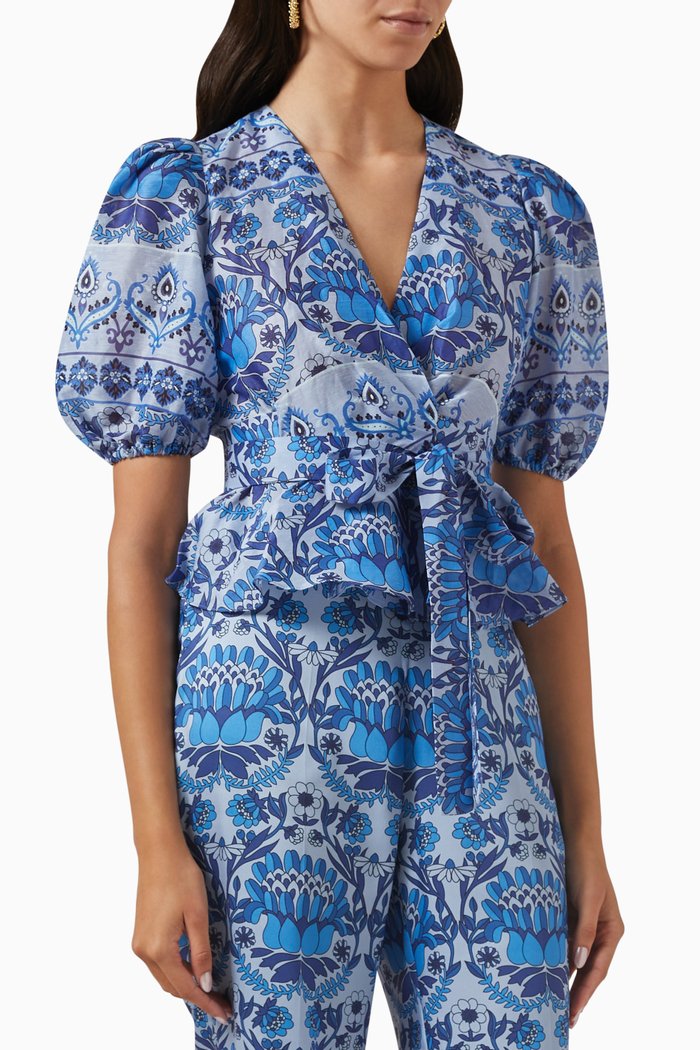 

Quartz Scarf-print Peplum Top in Linen, Blue