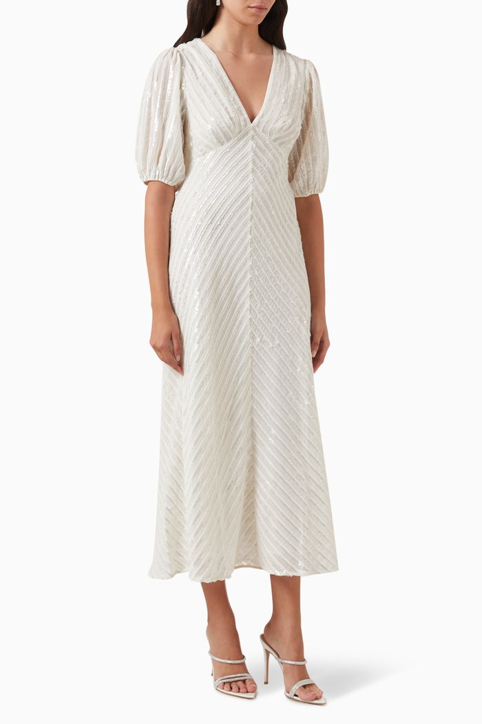 

Steph V-neck Midi Dress in Sequin, Neutral