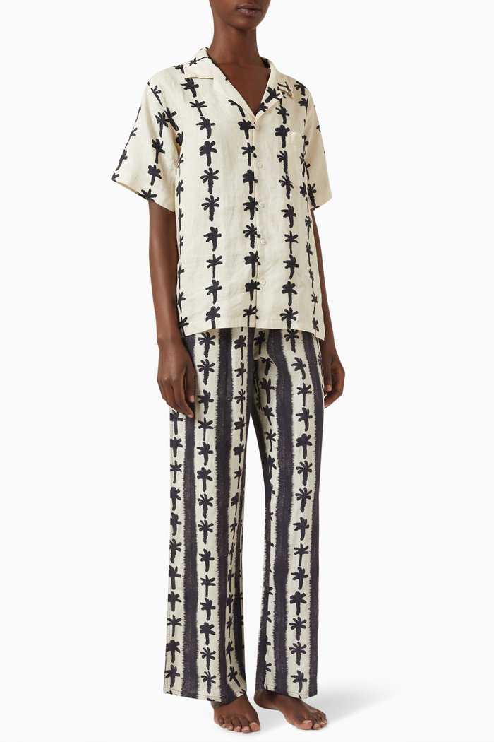 

Palm Stripe Cuban Pyjama Set in Linen, Black
