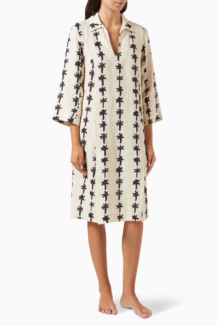 Palm Stripe Midi Kaftan in Linen, Neutral