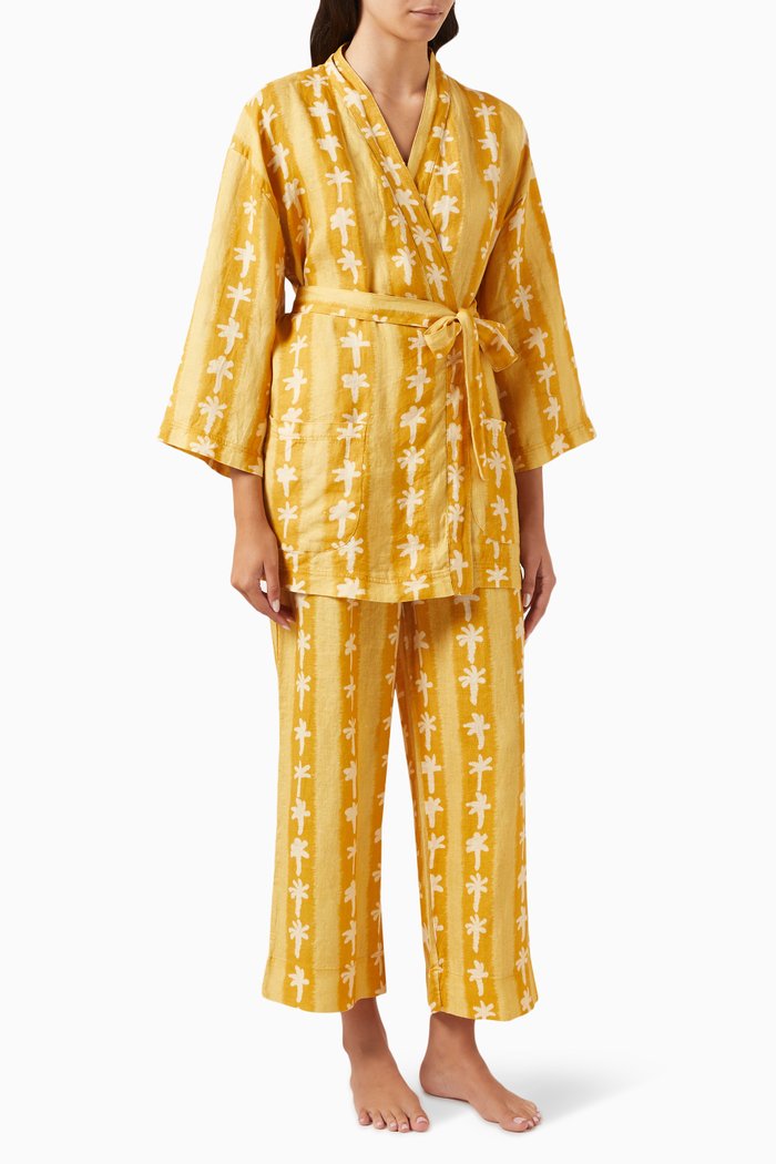 Palm Stripe Wrap Pyjama Set in Linen, Yellow