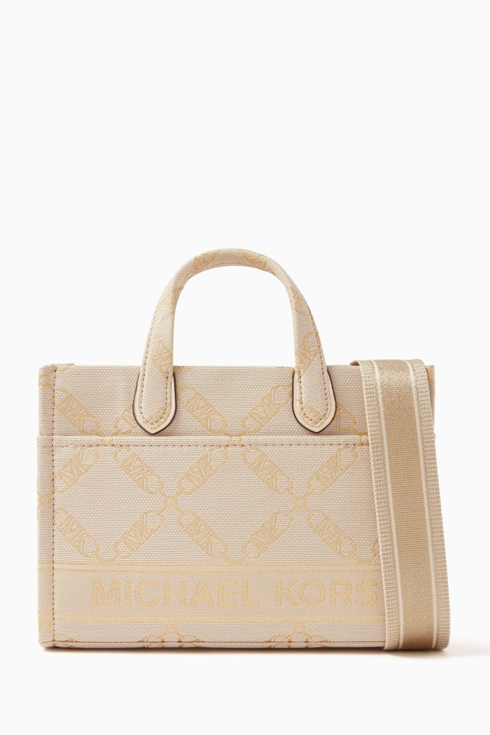 

Small Gigi Messenger Bag in Metallic Empire Logo Jacquard, Neutral