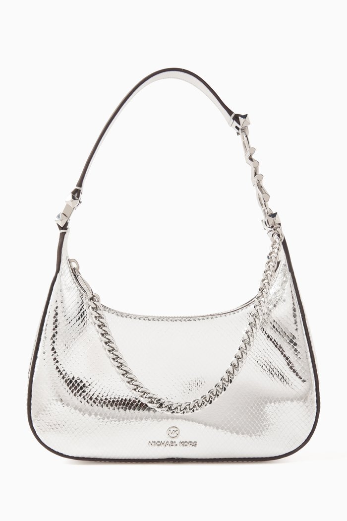 

Small Piper Pouchette Bag in Metallic Leather, Silver