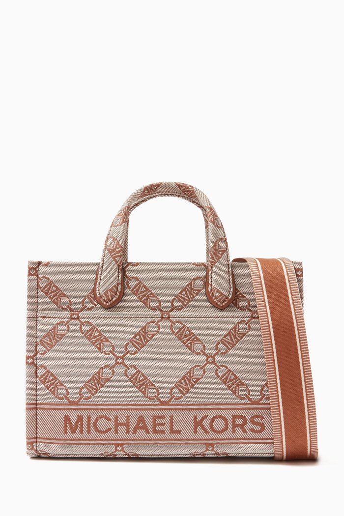 

Small Gigi Messenger Bag in Metallic Empire Logo Jacquard, Neutral