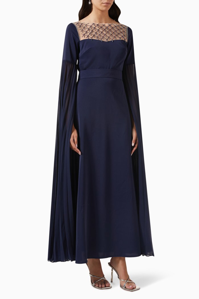 

Embellished Cape-sleeve Maxi Dress, Blue