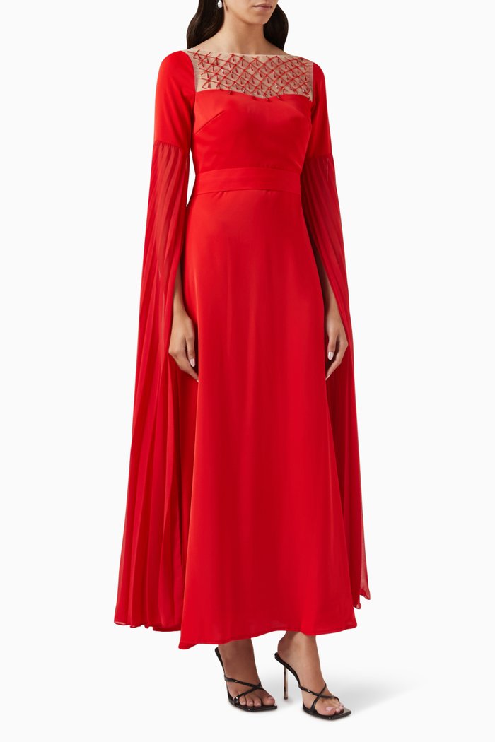 

Embellished Cape-sleeve Maxi Dress, Red