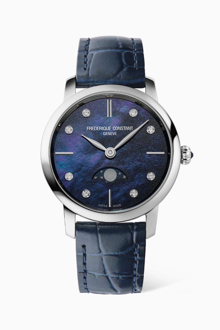 

Slimline Moonphase Diamond Quartz Stainless Steel & Leather Watch, 30mm, Blue