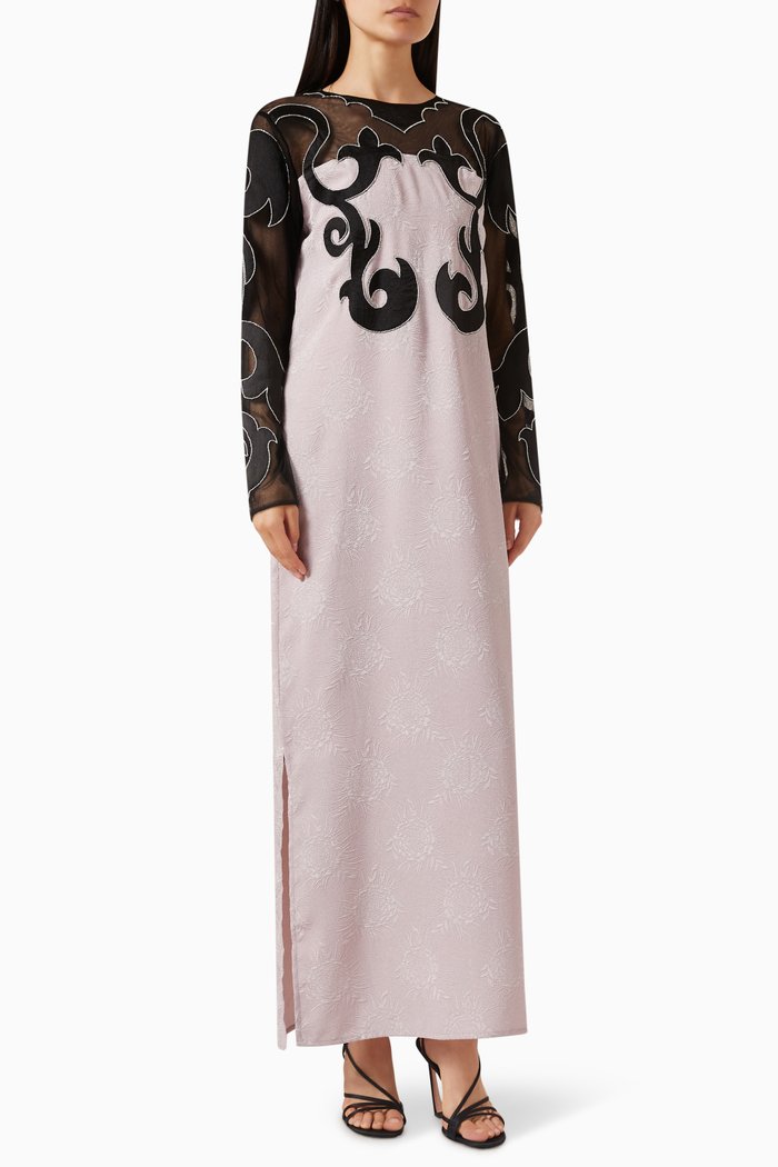 Embroidered Colour-block Maxi Dress in Jacquard, Pink