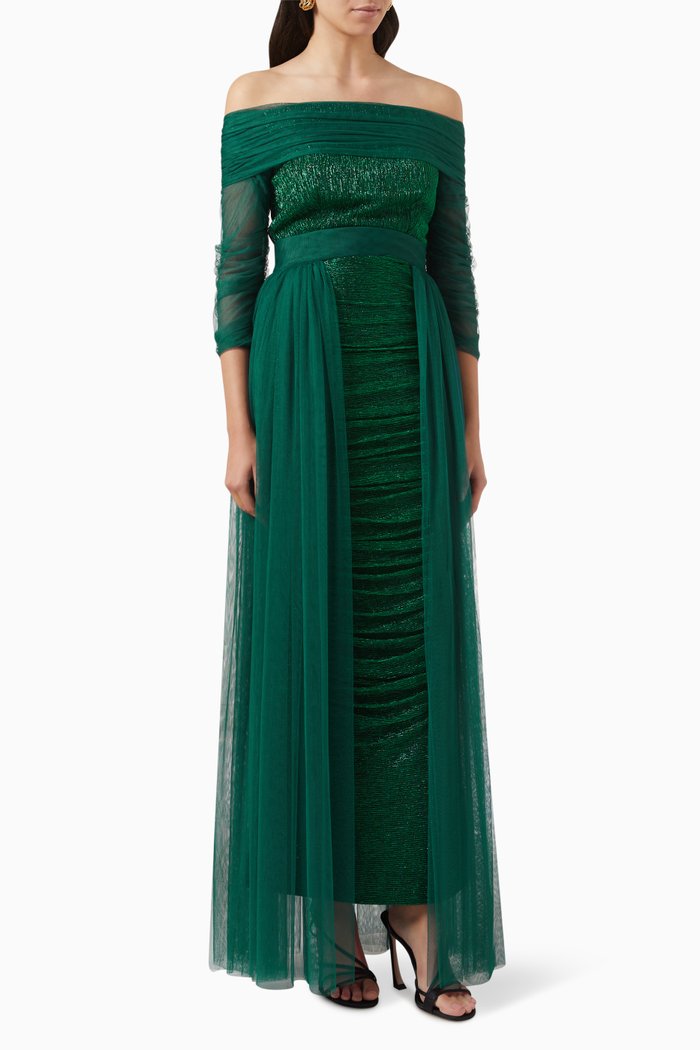 

Off-shoulder Shimmer Maxi Dress, Green