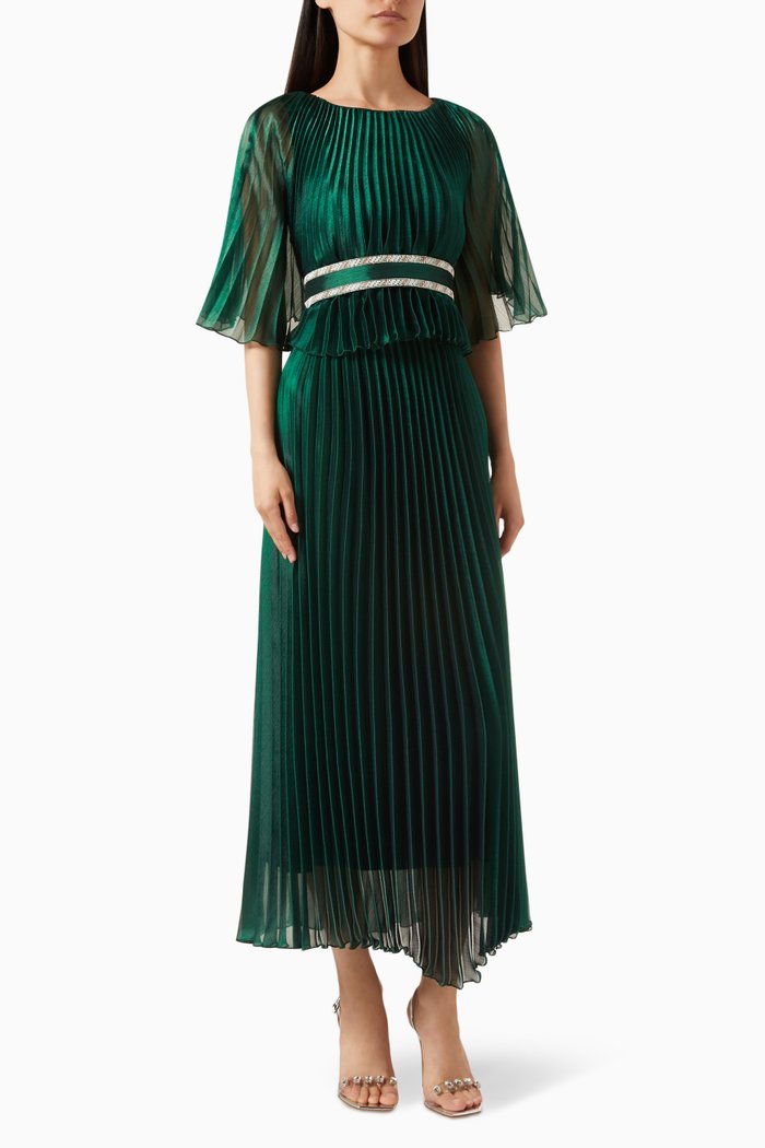 

Belted Cape Midi Dress in Plissé, Green