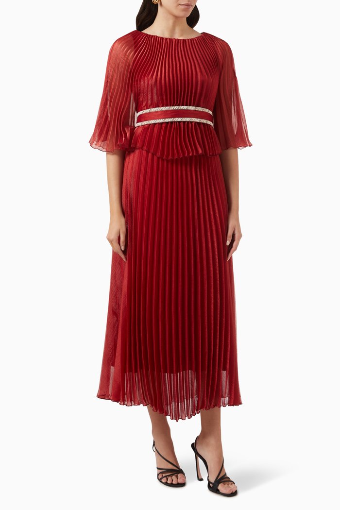 

Belted Cape Midi Dress in Plissé, Red