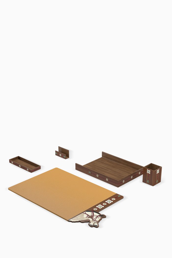 Faras Desk Set in Crossgrain Leather & Walnut Wood, Brown