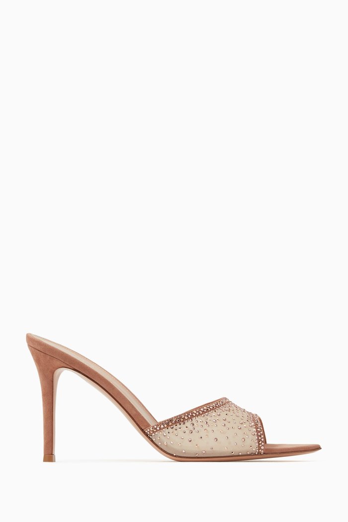 

Rania 85 Organza Crystal Mules in Suede, Neutral