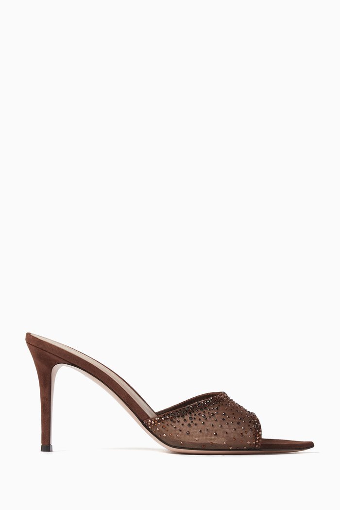 

Rania 85 Organza Crystal Mules in Suede, Brown