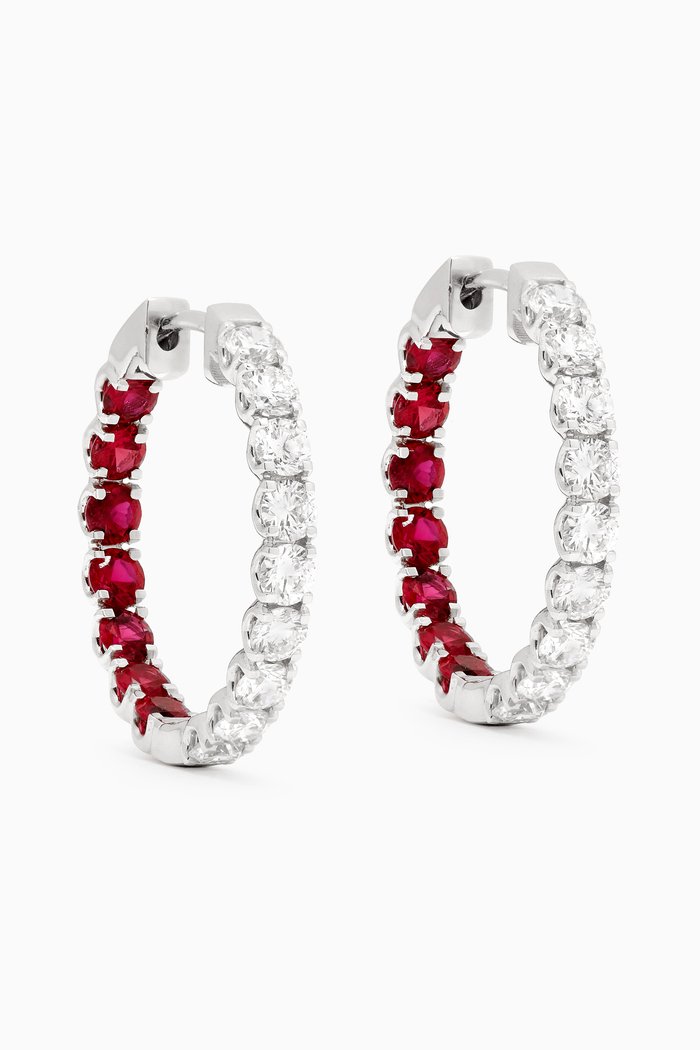 

Crescent Ruby & Diamond Hoop Earring in 18kt White Gold, Red