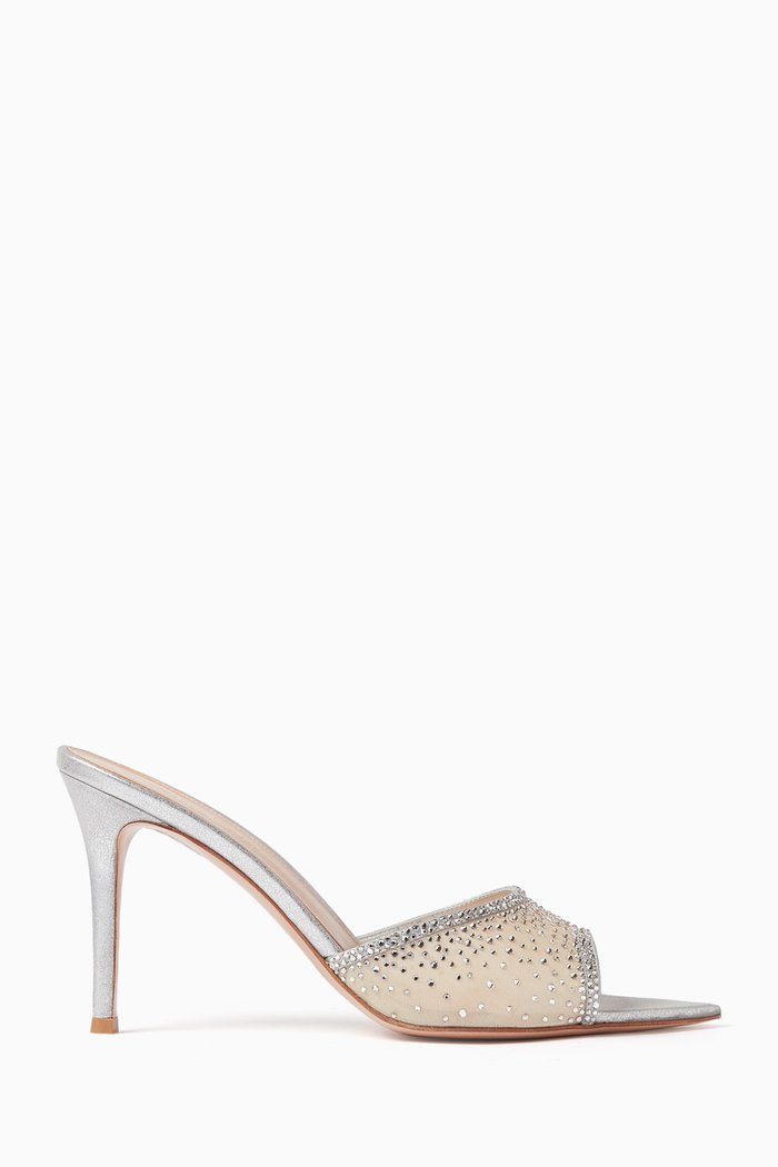 

Rania 85 Organza Crystal Mules in Suede, Silver