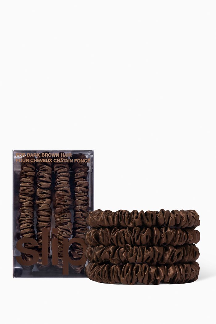 

Dark Brown Pure Silk Skinny Scrunchies (Set of 4), Colourless