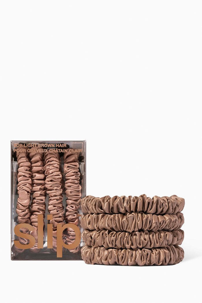 Light Brown Pure Silk Skinny Scrunchies (Set of 4), Colourless