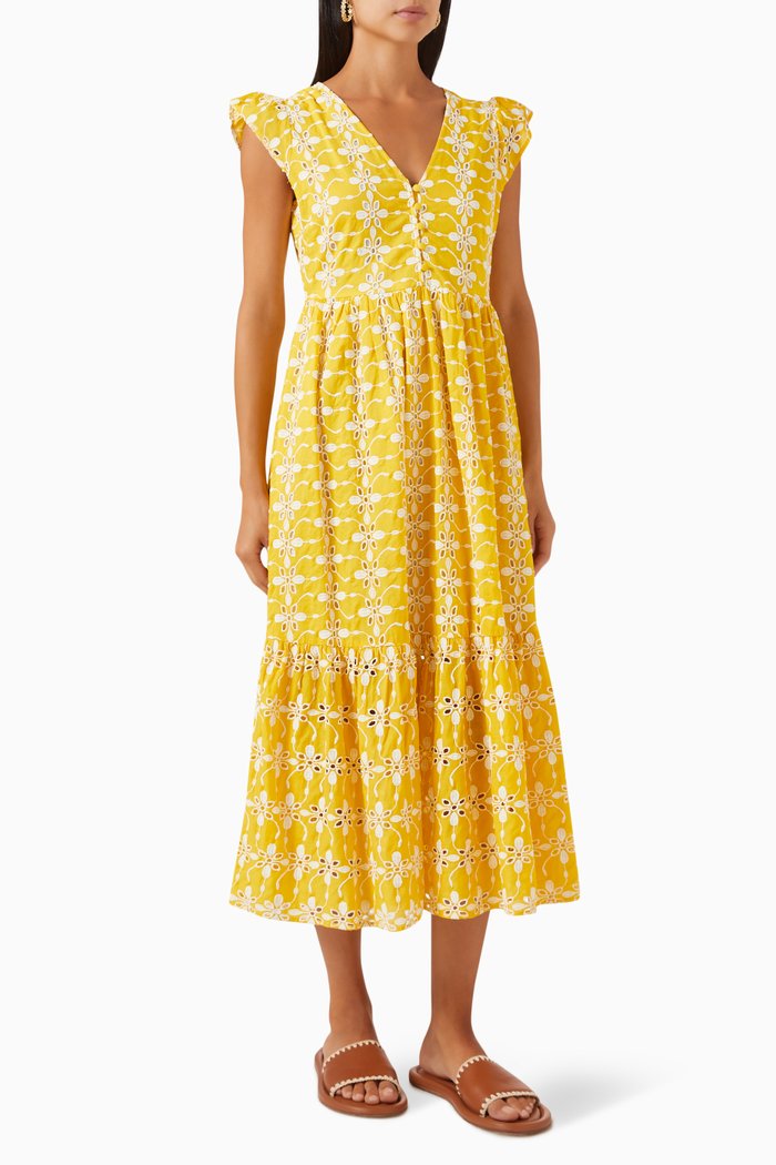 

Yaslemina Embroidered Midi Dress in Organic Cotton, Yellow