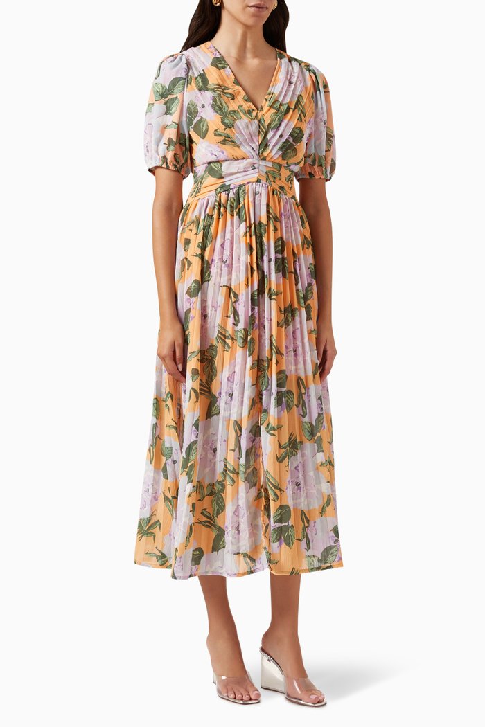

Yasplita Floral-print Midi Dress in Plissé, Orange