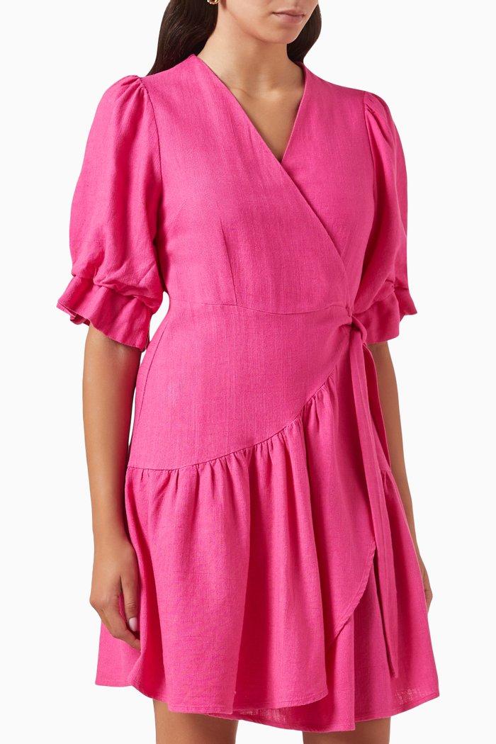 

Yasprima Frill Wrap Dress in Linen-blend, Pink