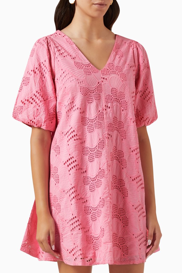 

Yasanni Embroidered Mini Dress in Organic Cotton, Pink