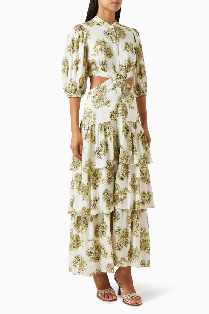 

Clara Floral-print Midi Dress in Linen-blend, Green