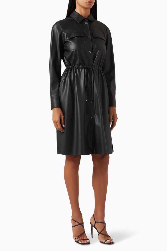 

Midi Shirt Dress in Faux Leather, Black