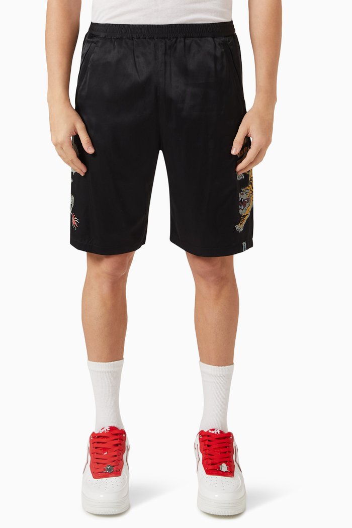 

Japanese Motif Print Shorts in Rayon Blend, Black
