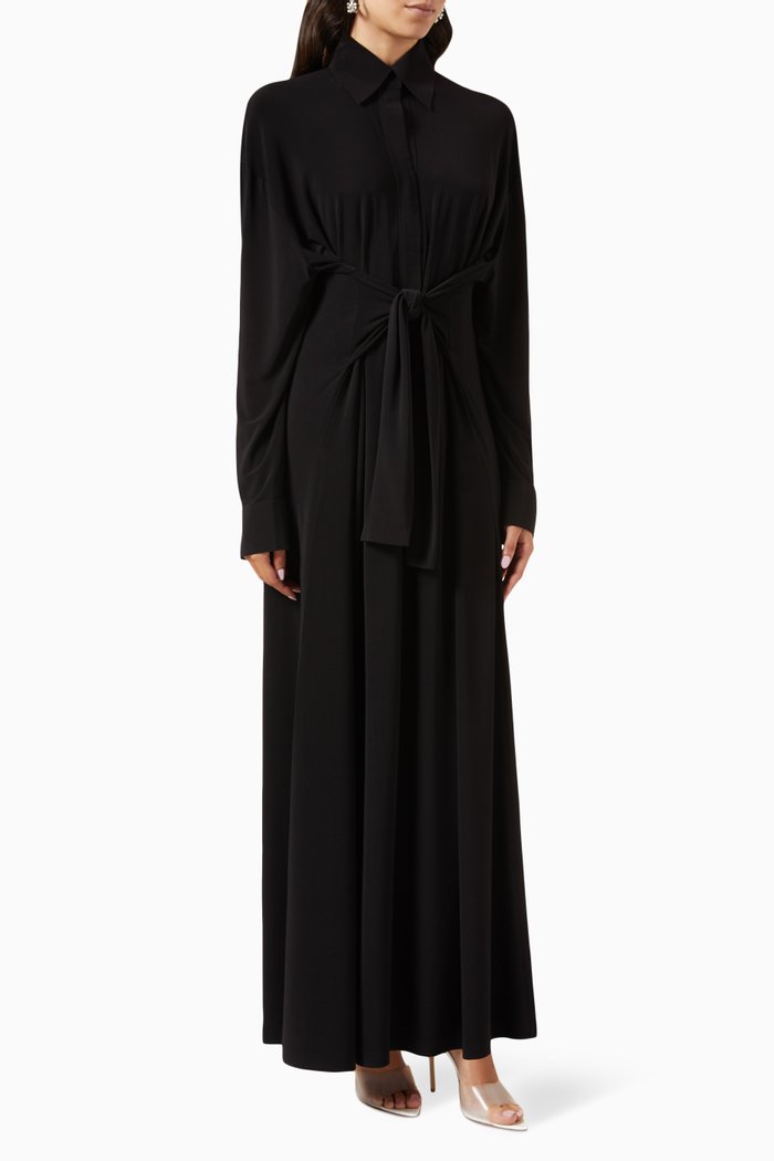 

Oversized Ty Front NK Maxi Shirt Dress in Poly Lycra, Black