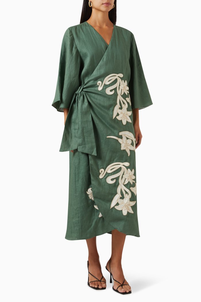 

Frida Embroidered Dress in Linen, Green