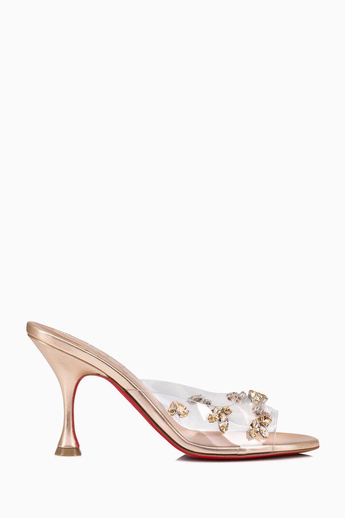 

Degraqueen 85 Mule Sandals in PVC & Metallic Leather, Neutral