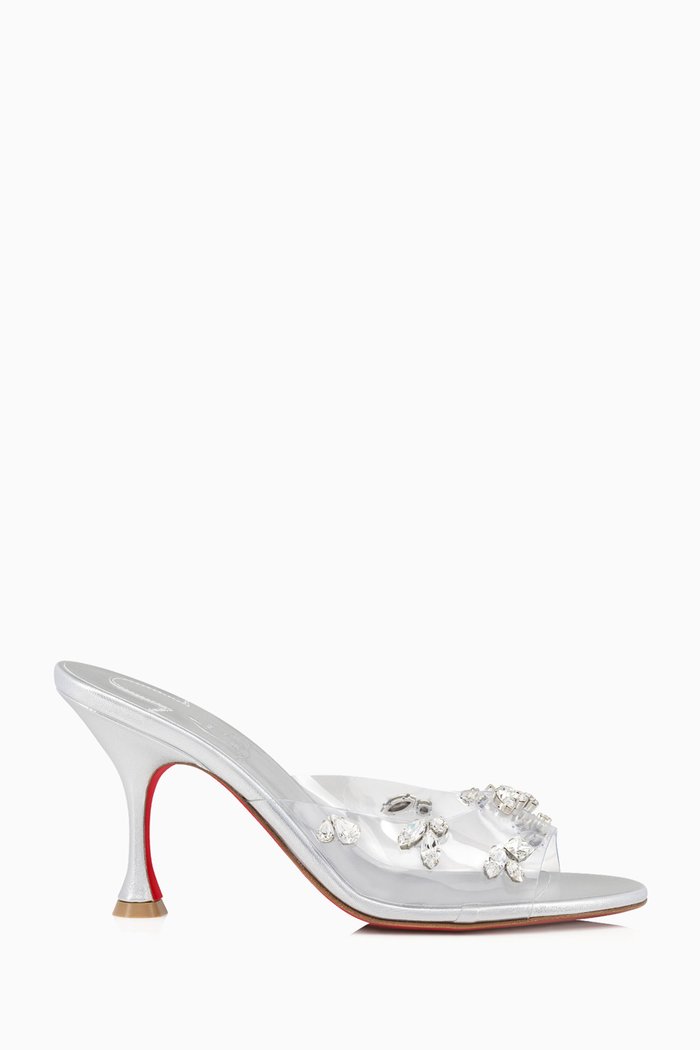 

Degraqueen 85 Mule Sandals in PVC & Metallic Leather, Silver