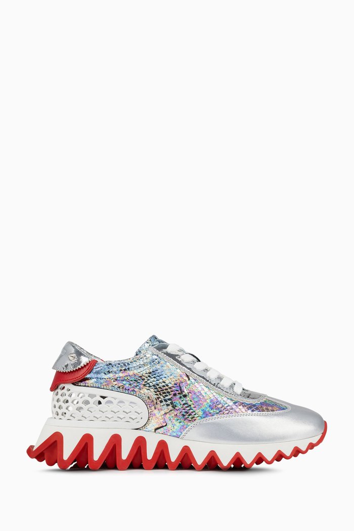 

Loubishark Sneakers in Iridescent Python-embossed Leather, Silver