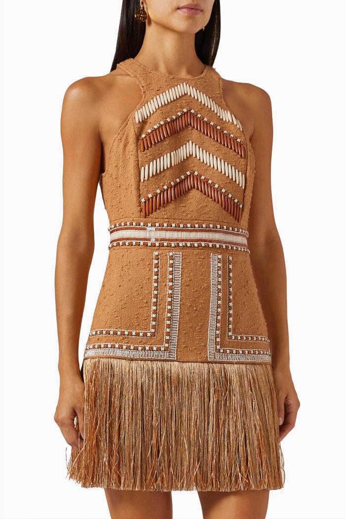 

Embroidered Mini Dress in Tweed, Brown