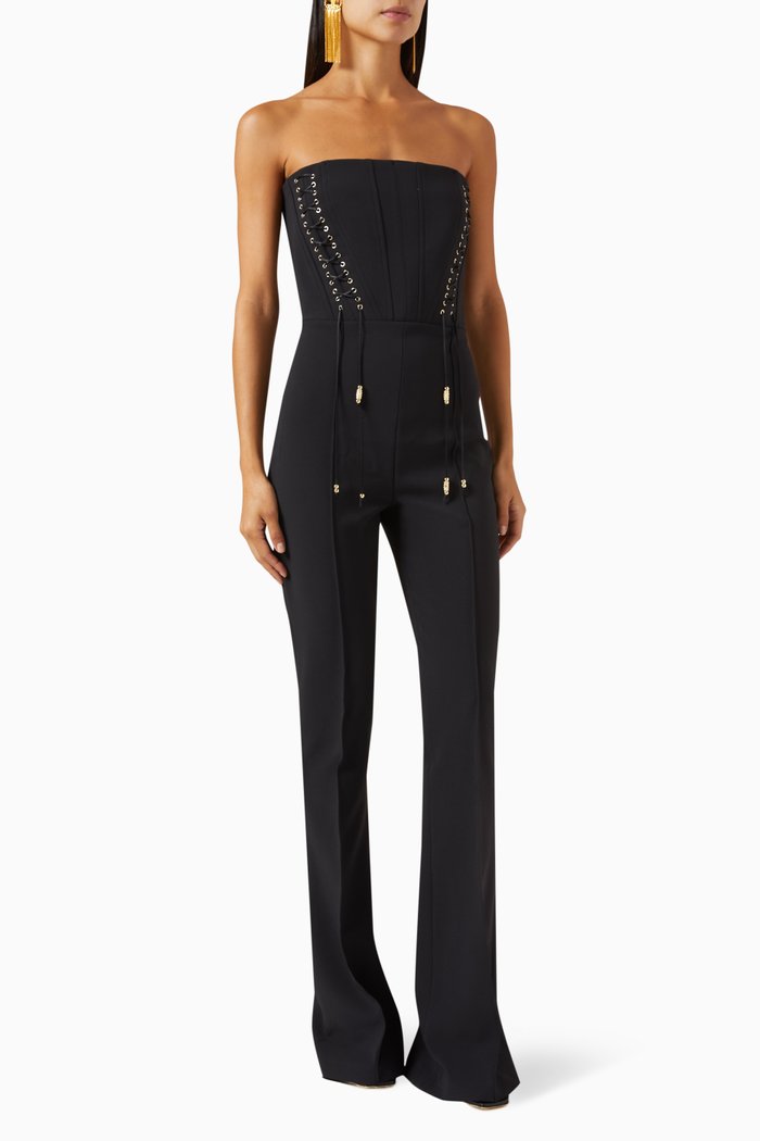 

Criss Cross Bustier Jumpsuit in Stretch Crepe, Black