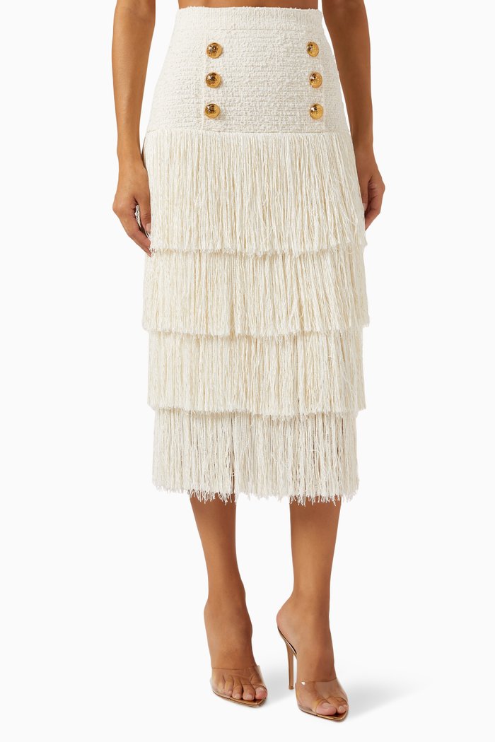 

Fringed Midi Skirt in Tweed, Neutral