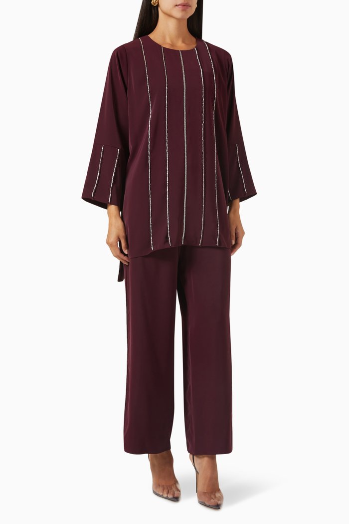

Bead-embellished Top & Pants Set, Red