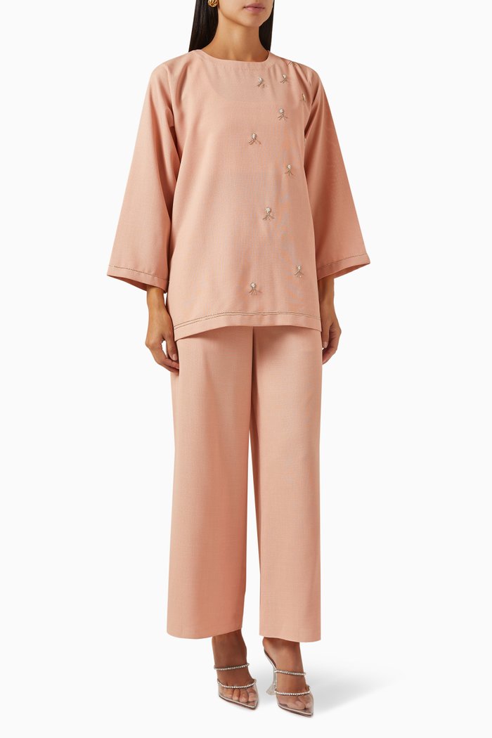 

Bead-embellished Top & Pants Set, Pink
