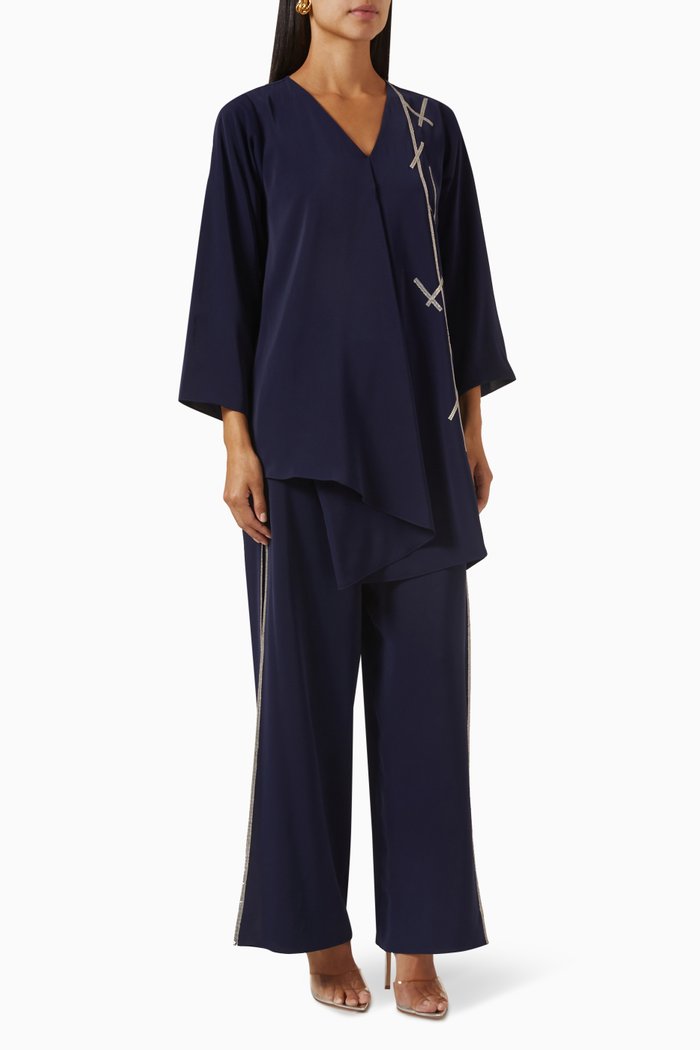 Sequin-embellished Top & Pants Set, Blue