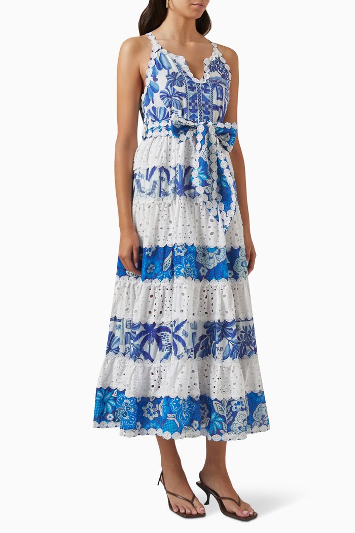 

Printed Lace-trimmed Midi Dress in Cotton, Multicolour