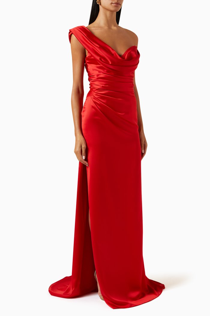 

Jessa One-shoulder Dress in Satin, Red